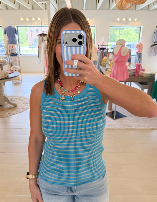 Multi-Striped Ribbed Tank, Blue/Canary