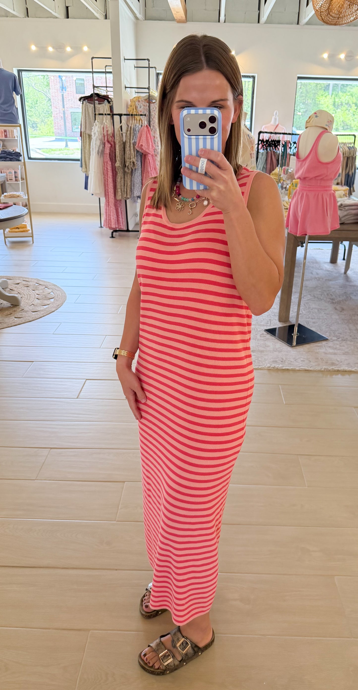 Striped Midi Sweater Tank Dress, Blush/Fuchsia