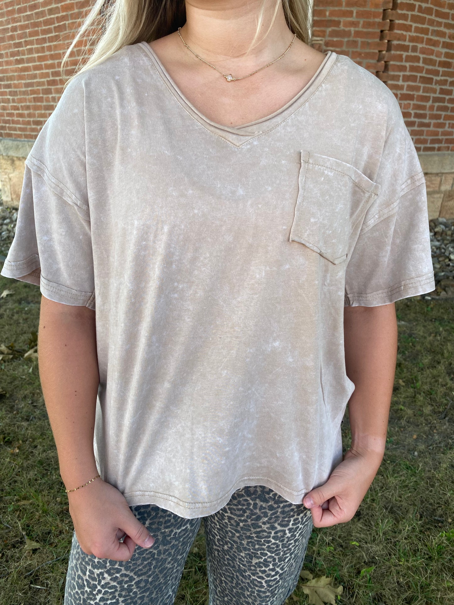 Mineral Wash V-Neck Top, Taupe