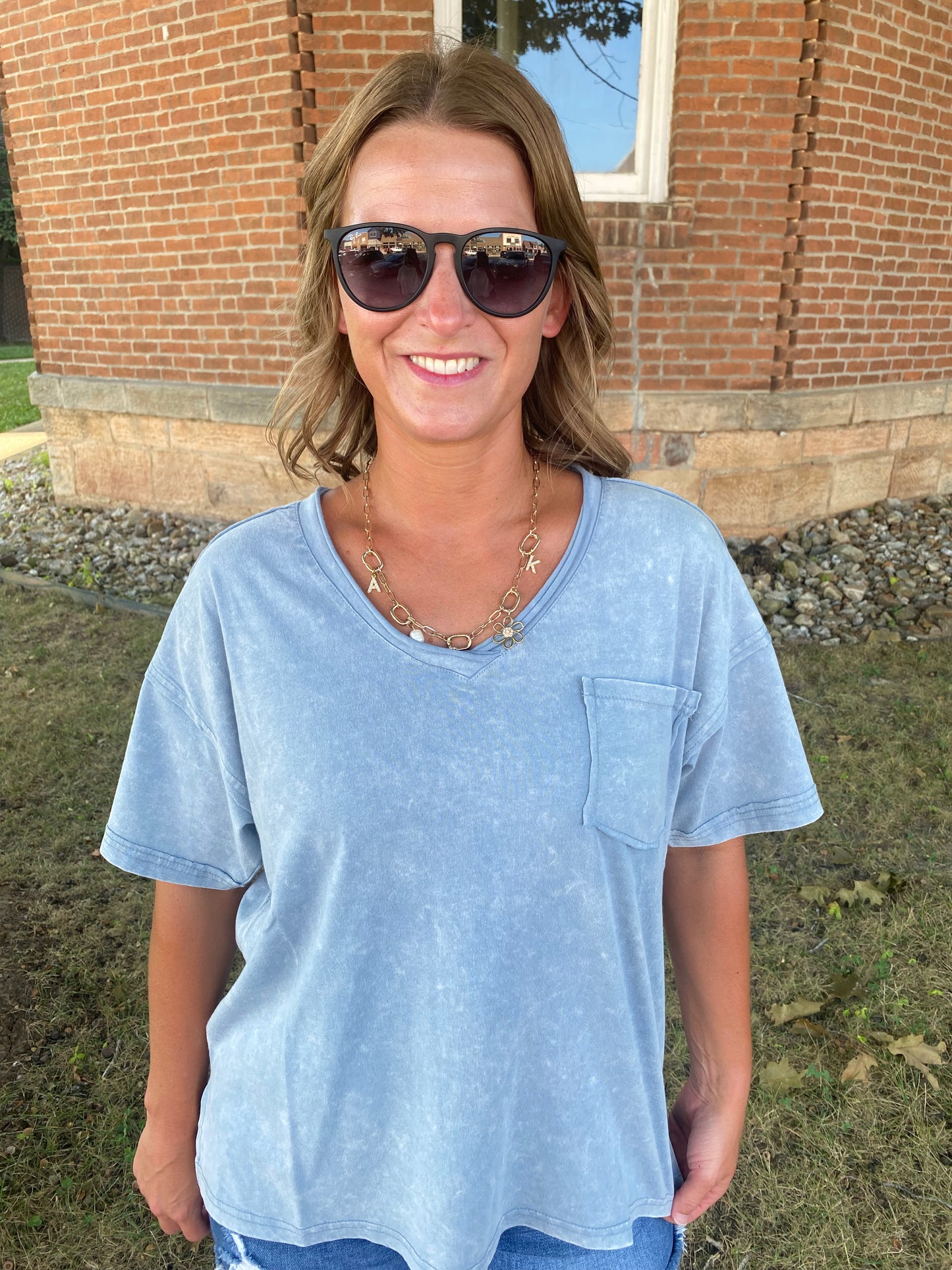 Mineral Wash V-Neck Top, Denim