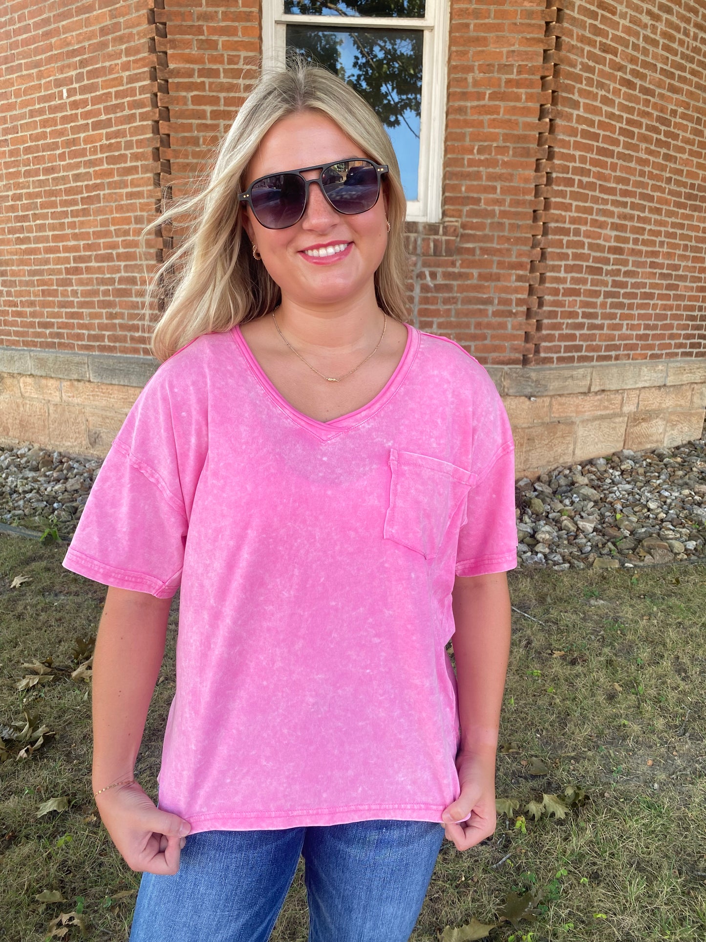 Mineral Wash V-Neck Top, Pink