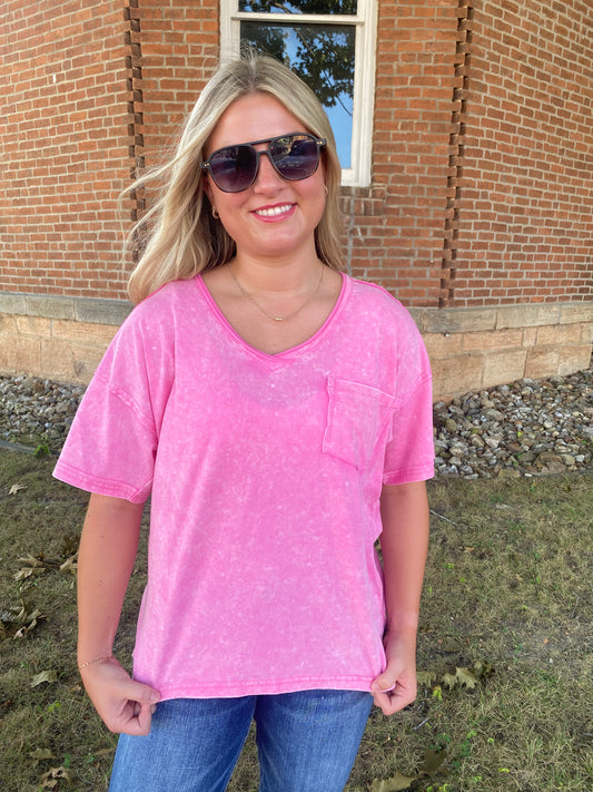 Mineral Wash V-Neck Top, Pink