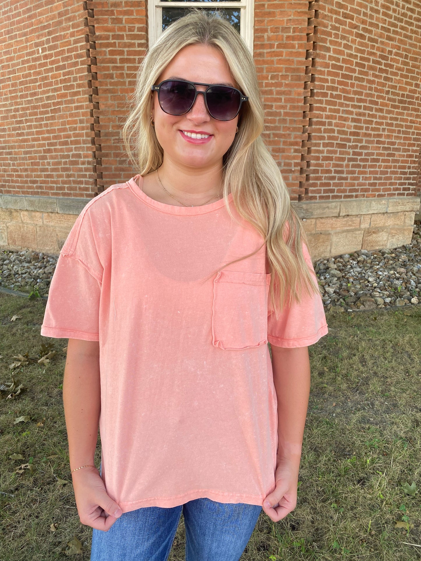 Mineral Washed Knit Top with Pocket, Peach