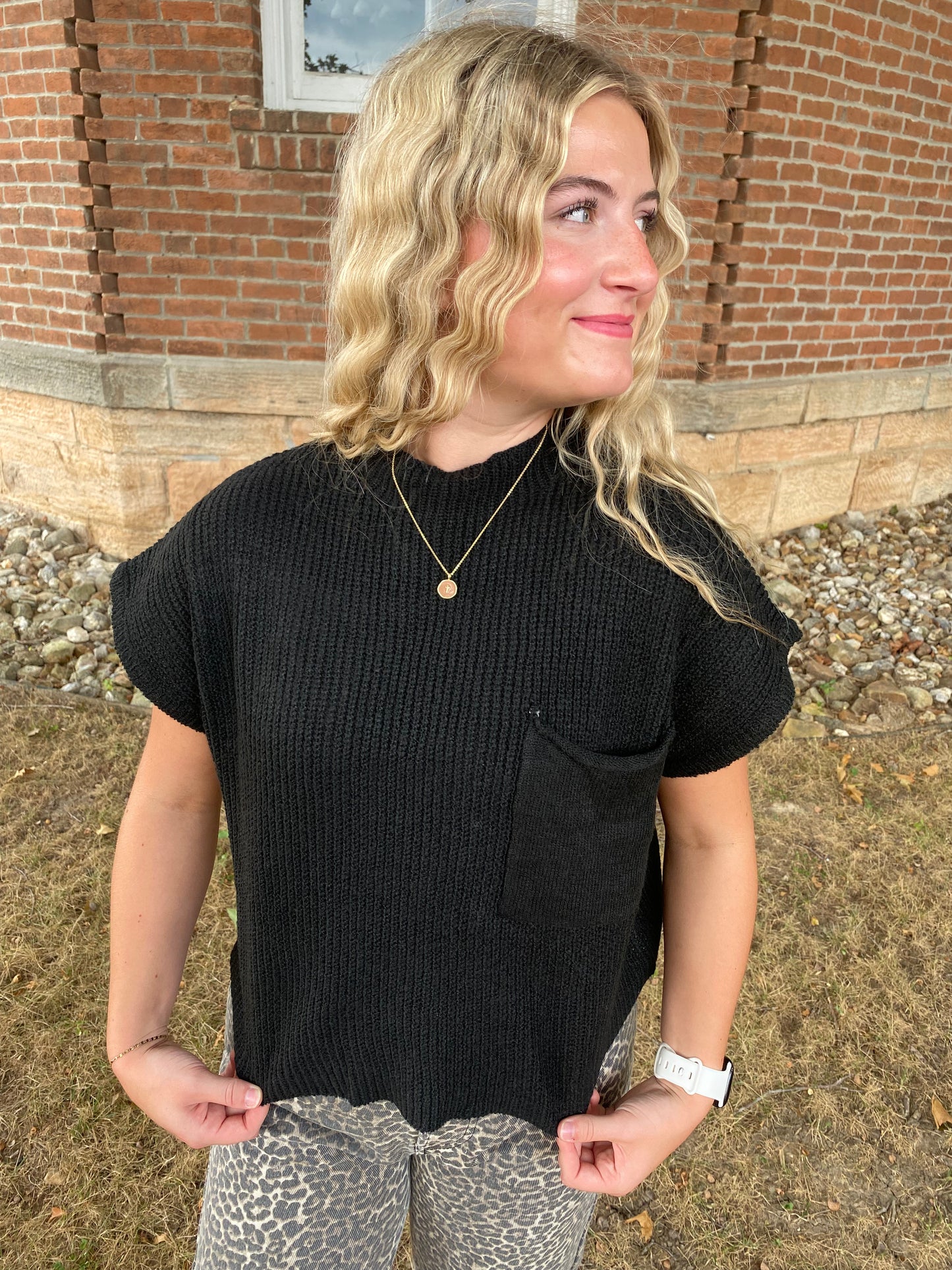 Drop Shoulder Rib Knit Sweater Top, Black