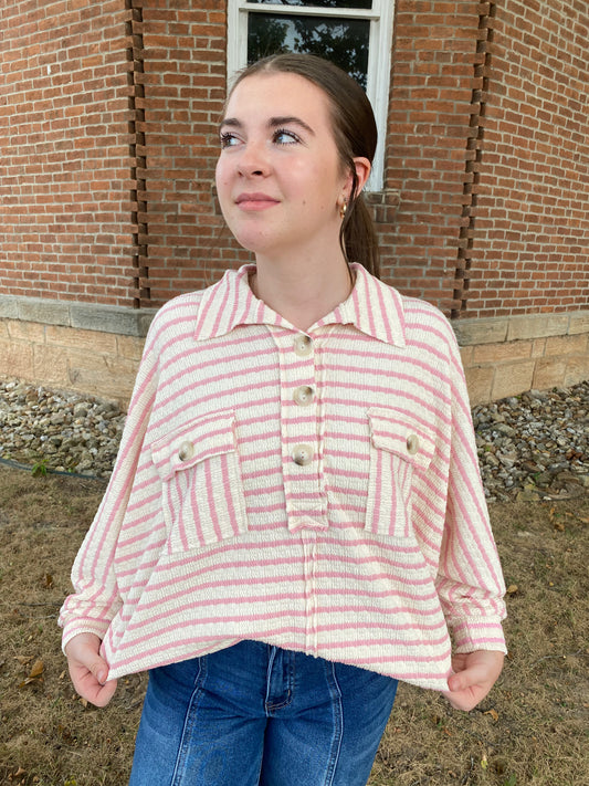 Collared Oversized Button Up Stripe Pullover, Pink