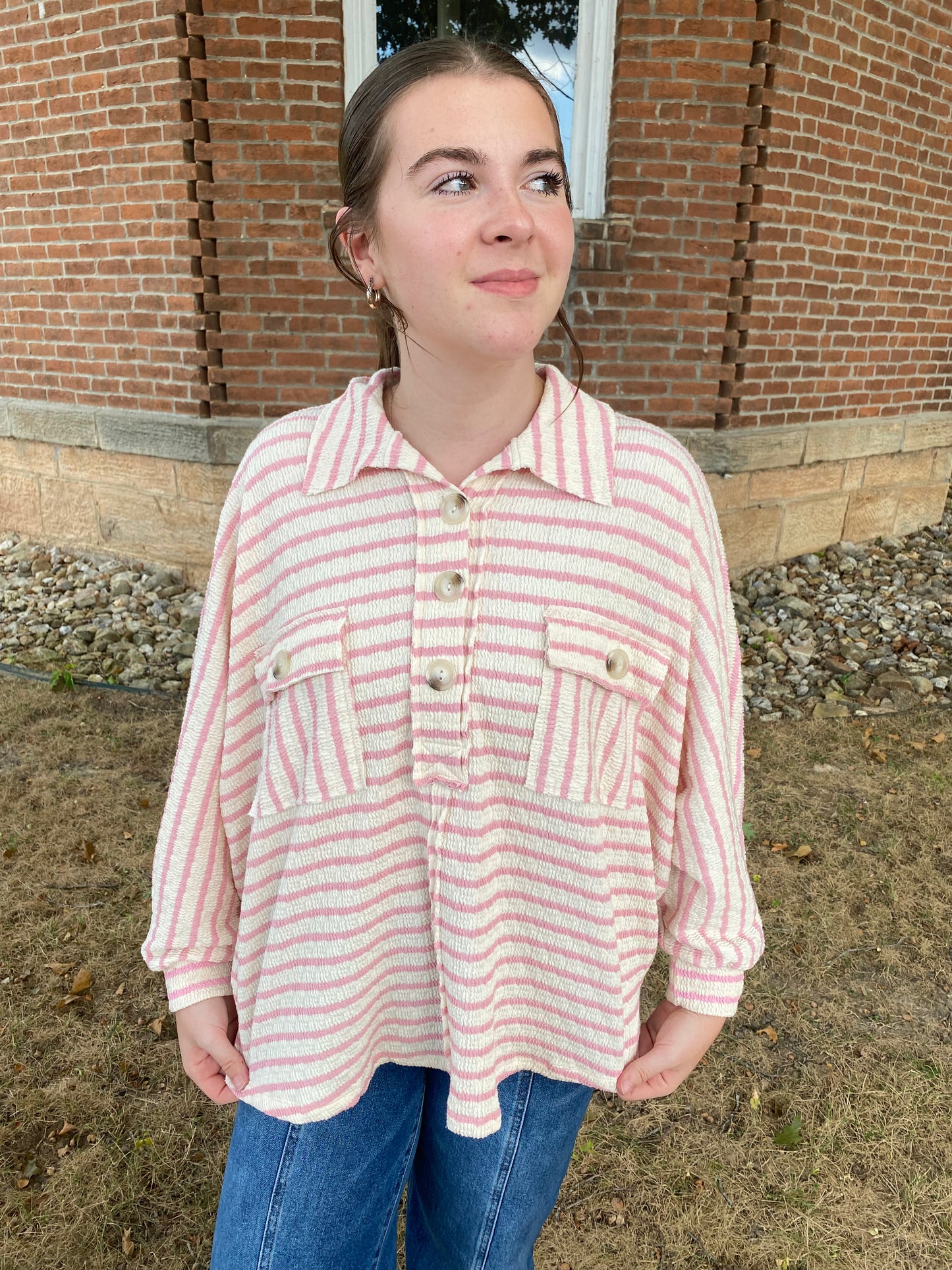 Collared Oversized Button Up Stripe Pullover, Pink
