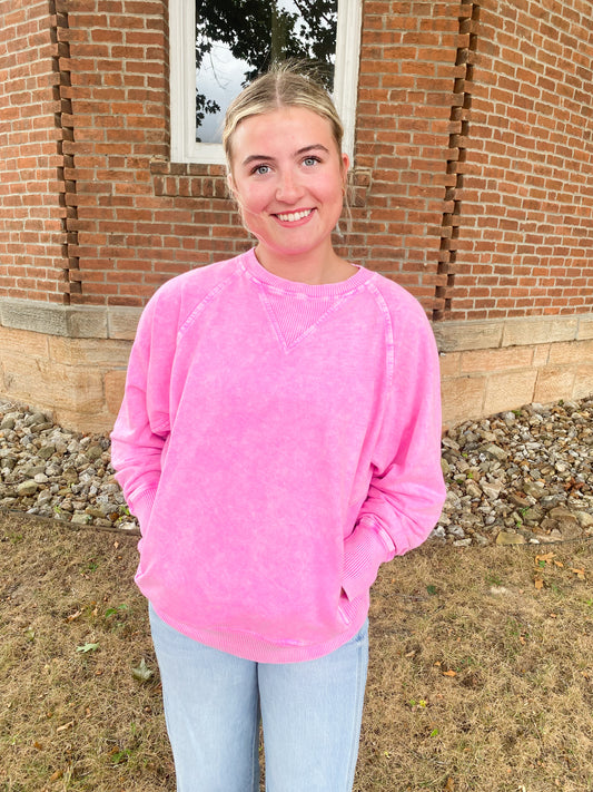 Snow Washed French Terry Round Neck Pullover, Pink