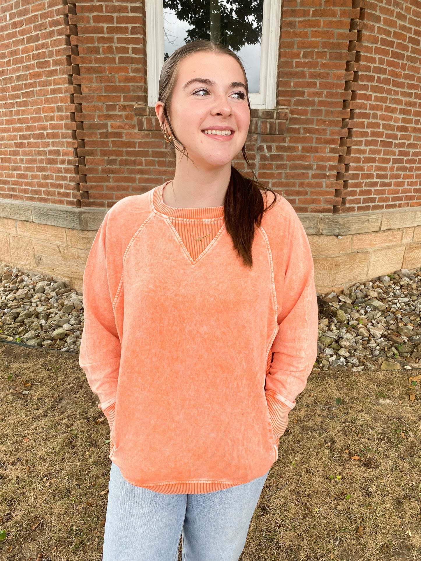 Snow Washed French Terry Round Neck Pullover, Orange
