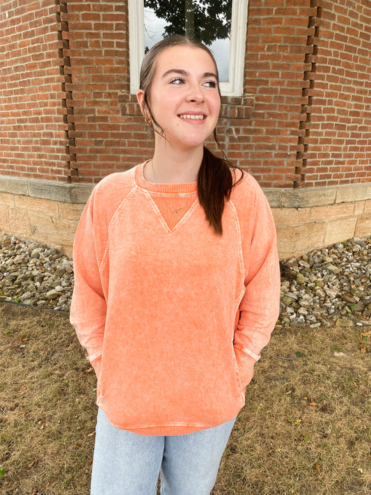Snow Washed French Terry Round Neck Pullover, Orange