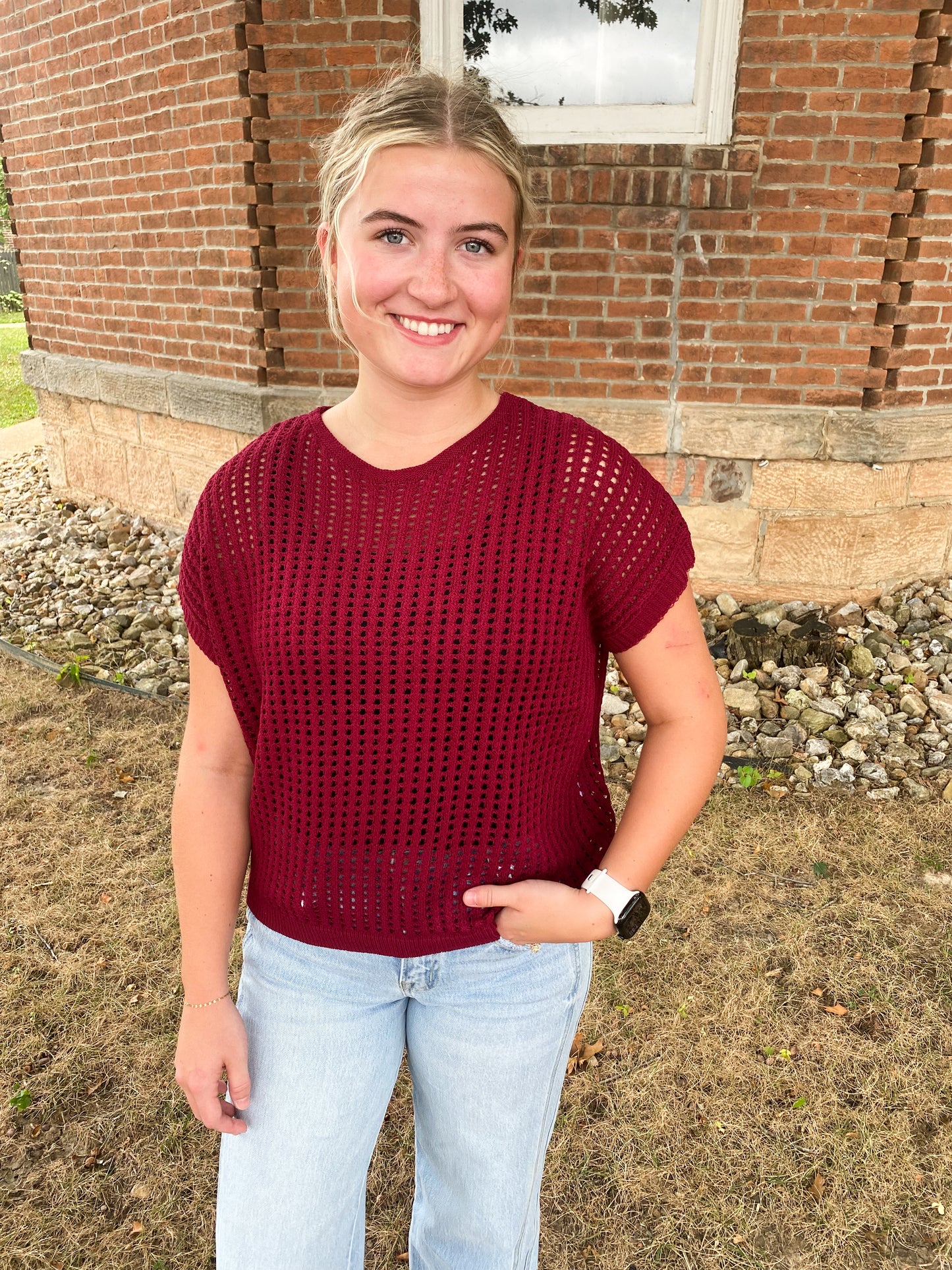 Viscose Crochet Knit Sheer Hollow Sweater, Cabernet