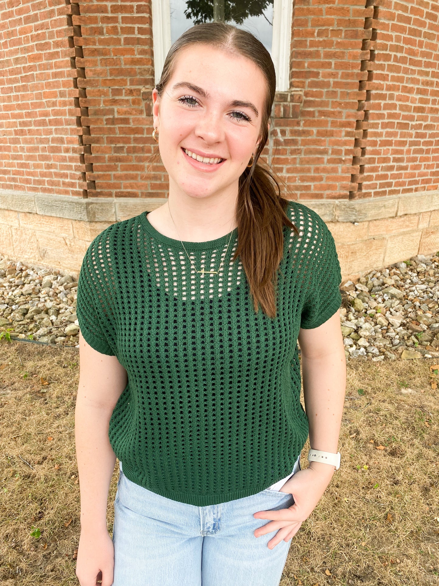 Viscose Crochet Knit Sheer Hollow Sweater, Dark Green