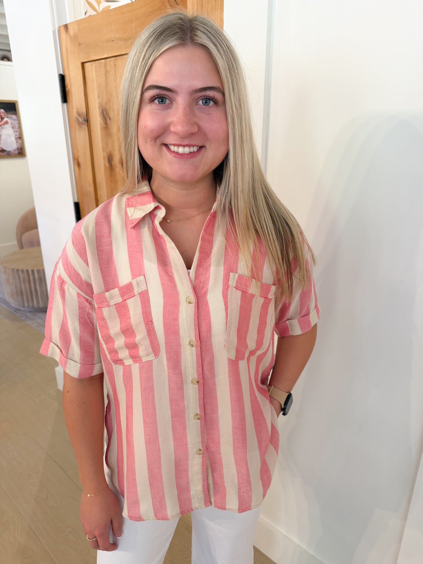 Striped Collared Button Down Shirt, Pink