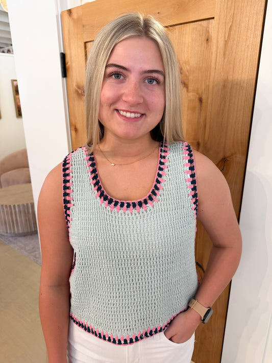 Contrast Trim Crochet Tank Top, Powder Blue