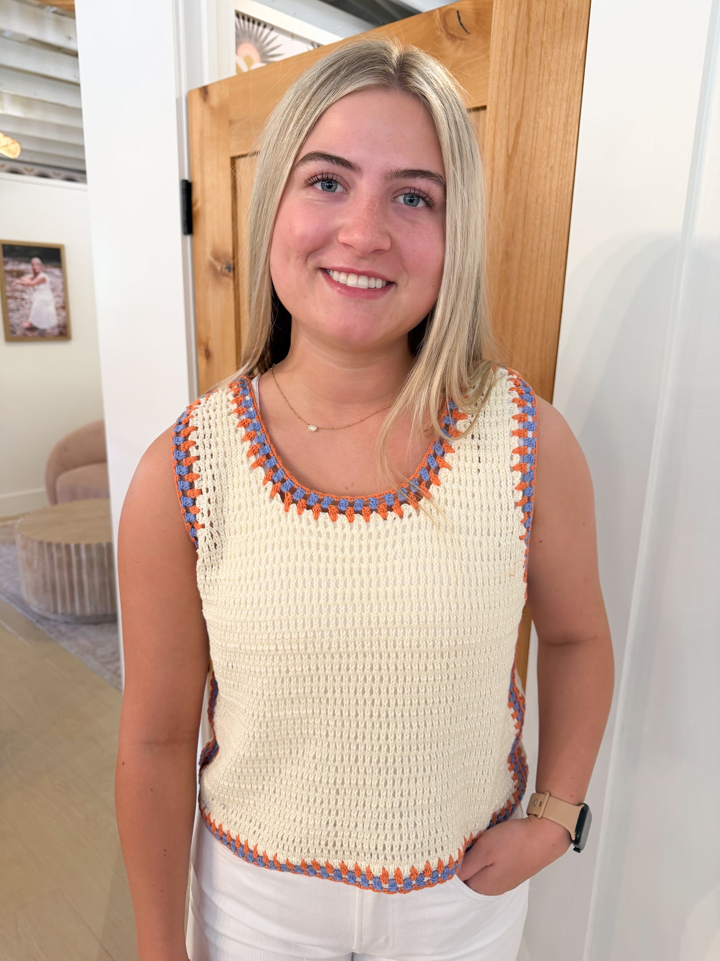 Contrast Trim Crochet Tank Top, Ivory