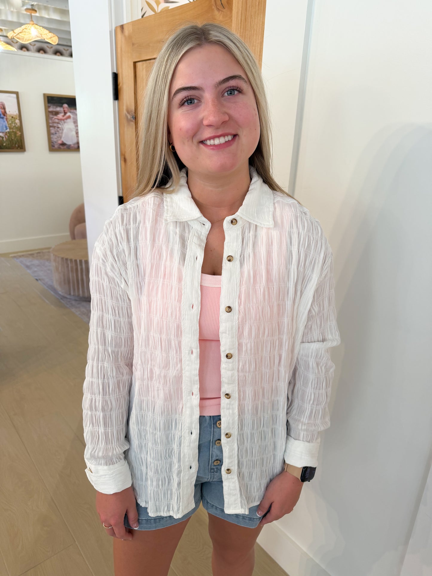 Textured Fabric Button Down Shirt, Ecru