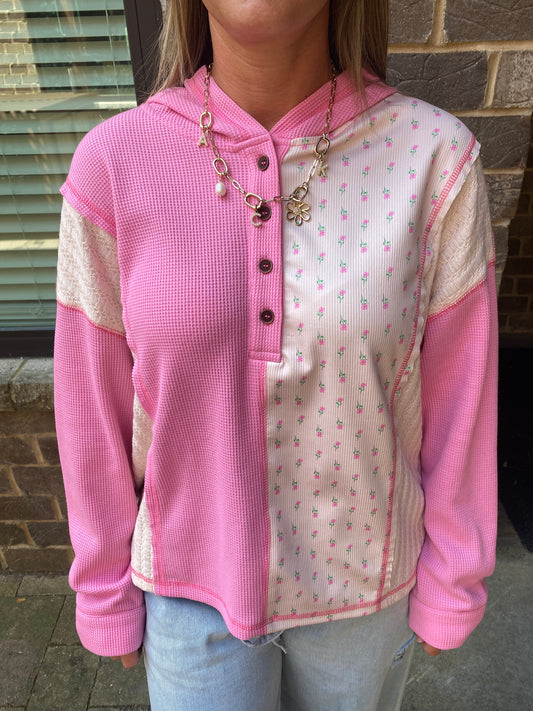 Floral Patchwork Waffle Hooded Oversized Pullover, Pink