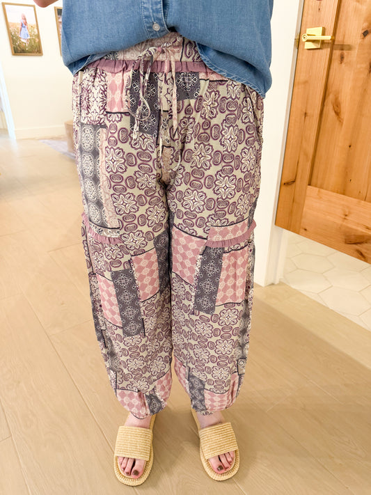 Patchwork Printed Jogger Pants, Dusty Violet