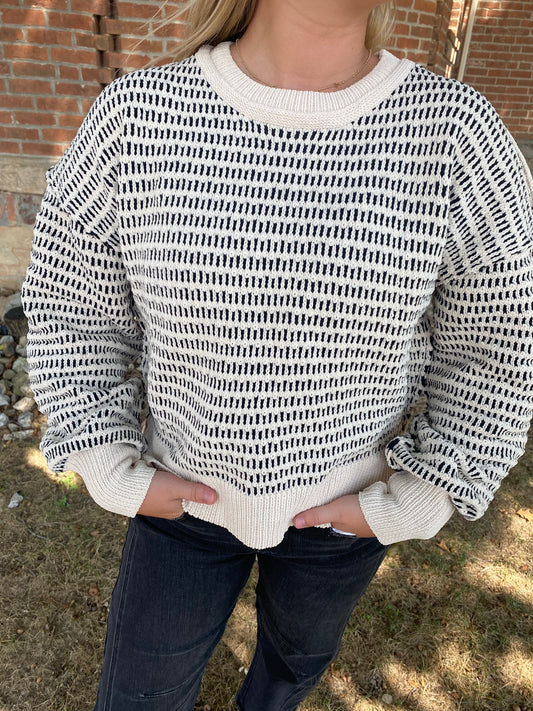 Two Tone Textured Knit Casual Sweater Top, Black