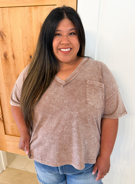 Plus Washed V Neck Boxy Knit Top, Cocoa