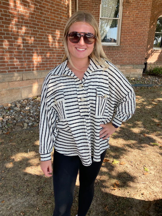 Collared Oversized Button Up Stripe Pullover, Black