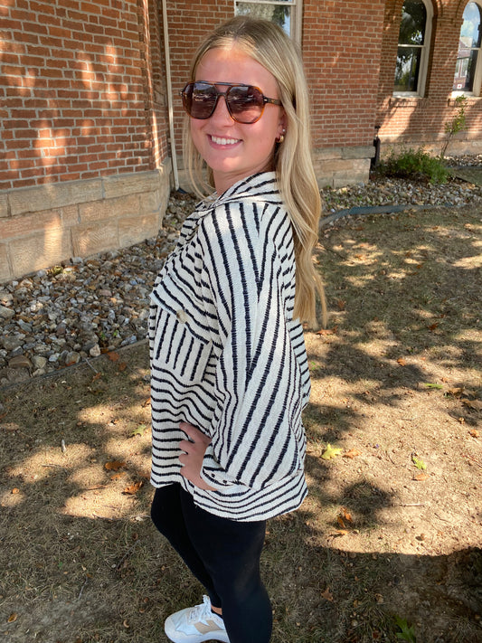 Collared Oversized Button Up Stripe Pullover, Black
