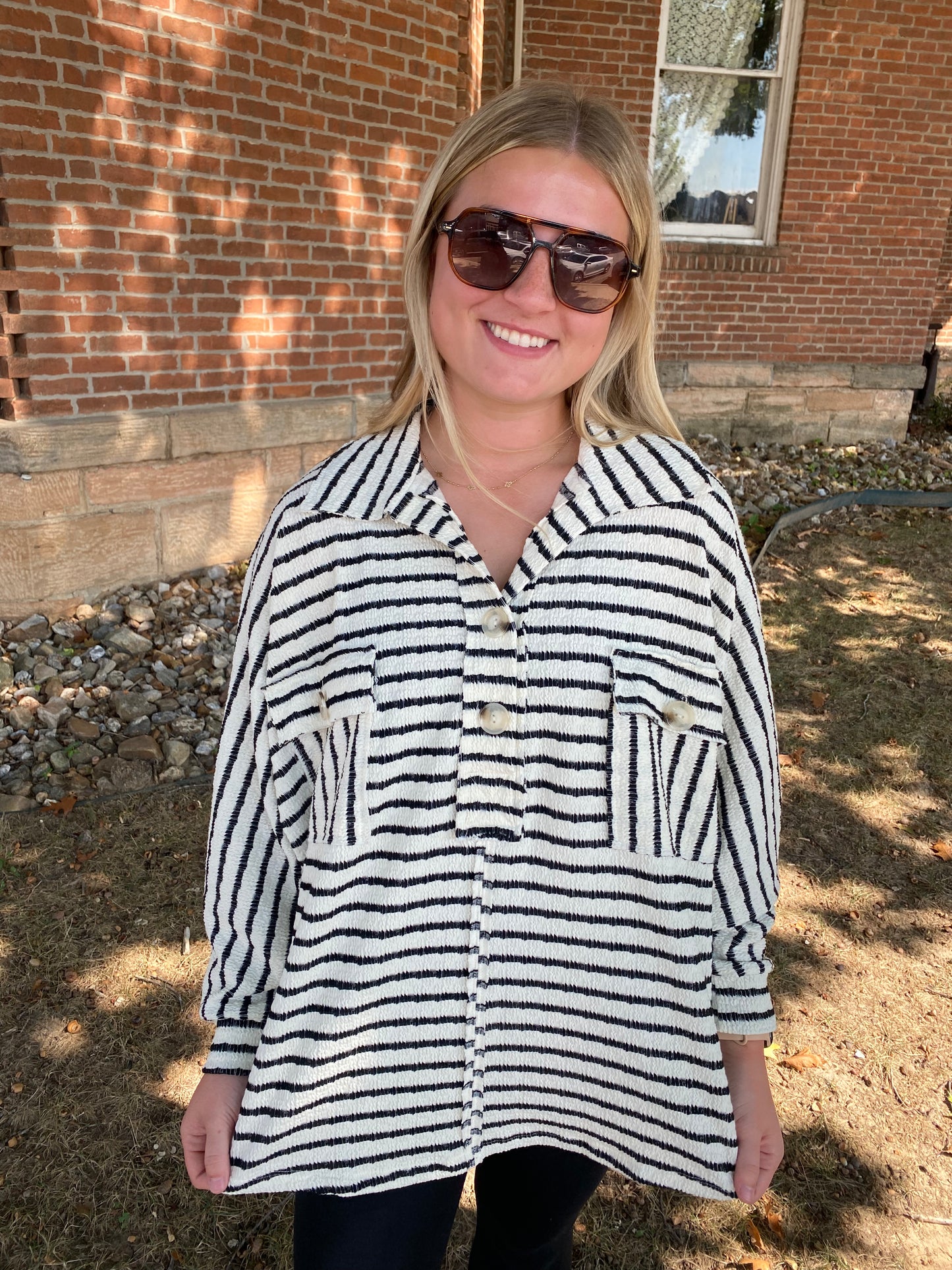 Collared Oversized Button Up Stripe Pullover, Black