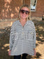 Collared Oversized Button Up Stripe Pullover, Black