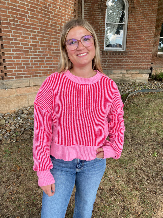 Two Tone Striped Casual Stripe Sweater Top, Pink