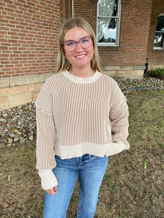 Two Tone Textured Knit Casual Stripe Sweater Top, Ecru