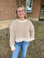 Two Tone Textured Knit Casual Stripe Sweater Top, Ecru