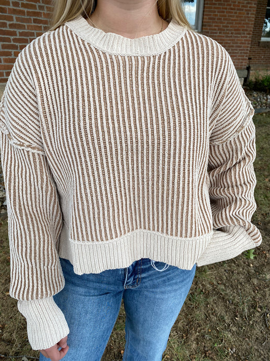 Two Tone Textured Knit Casual Stripe Sweater Top, Ecru