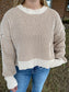 Two Tone Textured Knit Casual Stripe Sweater Top, Ecru