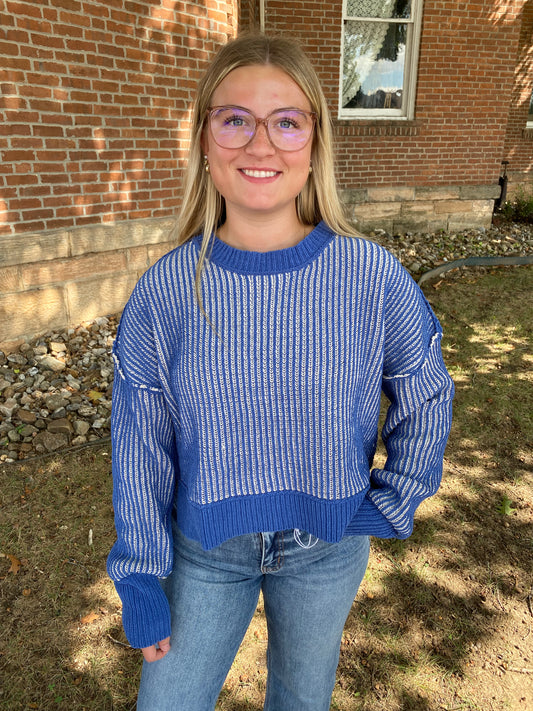 Two Tone Striped Casual Stripe Sweater Top, Royal Blue