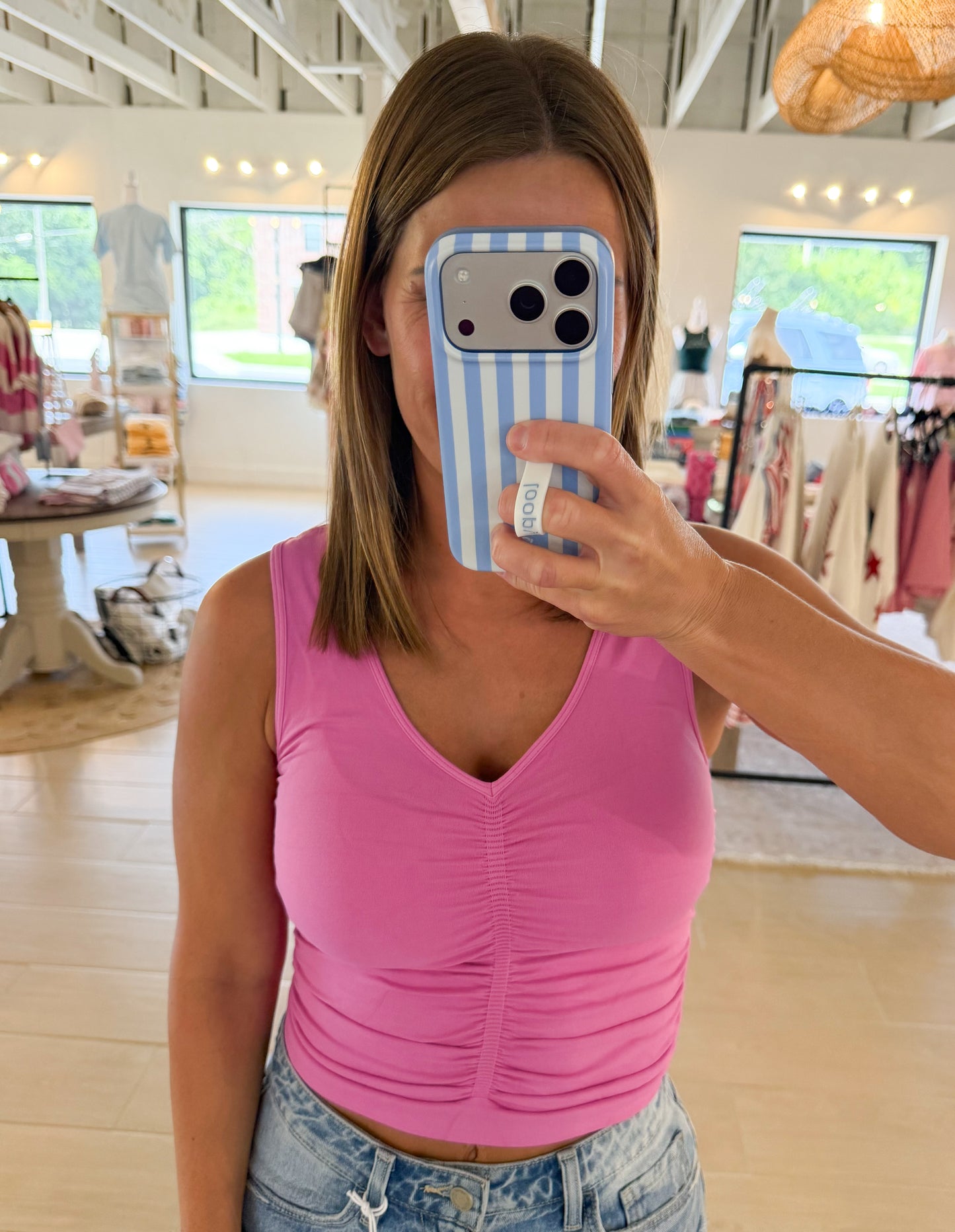 V Neck Shirred Tank, Multiple Colors