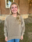 Washed Exposed Seam Side Slit Long Sleeve Knit Top, Brown