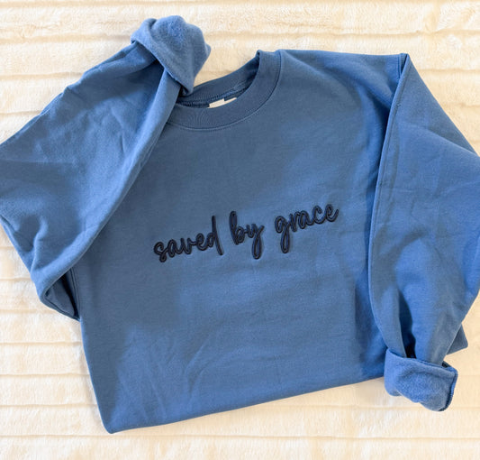 Saved By Grace Embroidered Sweatshirt, Denim Blue