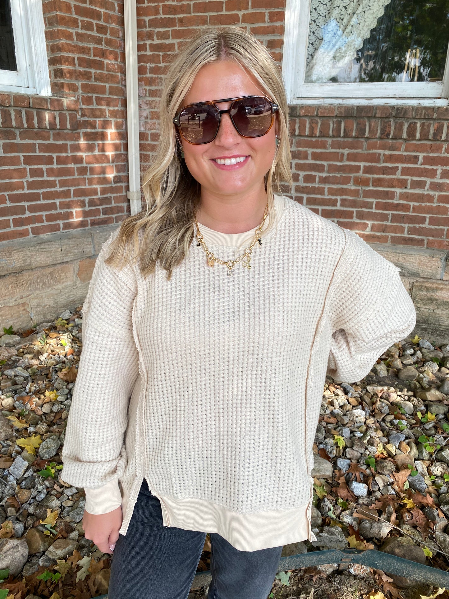 Oversized Waffle Knit Casual Top, Cream
