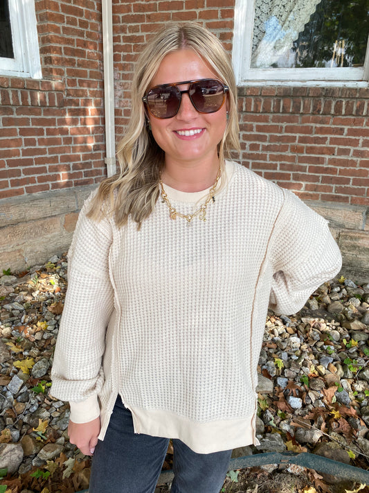 Oversized Waffle Knit Casual Top, Cream
