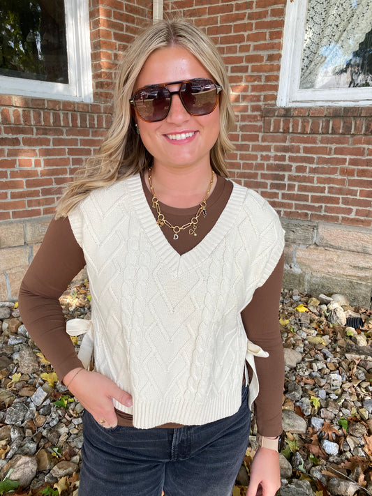 Cable Knit V Neck Side Tie Sweater Vest, Cream