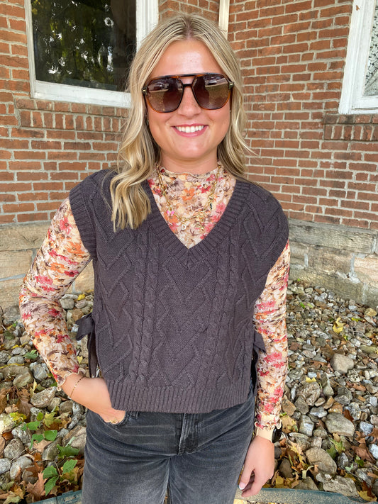 Cable Knit V Neck Side Tie Sweater Vest, Charcoal