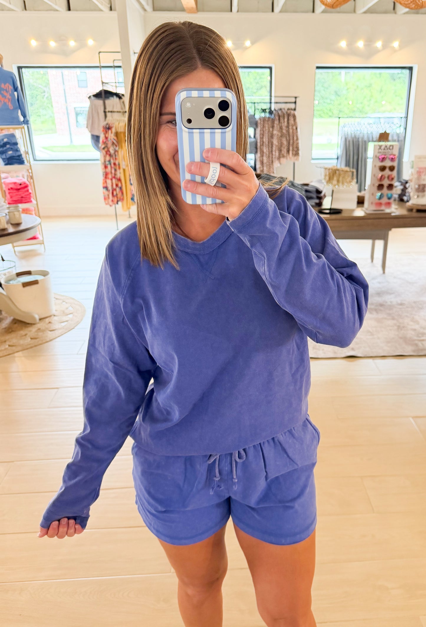 Mineral Wash Long Sleeve Top & Shorts Set, Cobalt