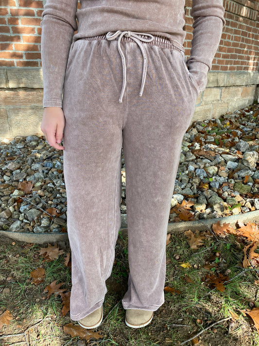 Washed Wide Leg Drawstring Lounge Pants, Cocoa