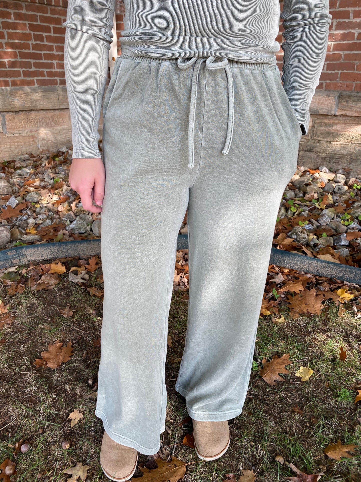 Washed Wide Leg Drawstring Lounge Pants, Olive