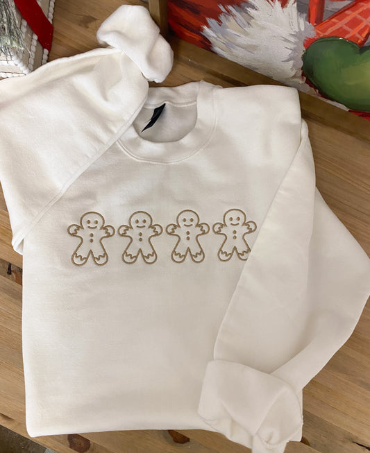 Embroidered Gingerbread Crewneck, White