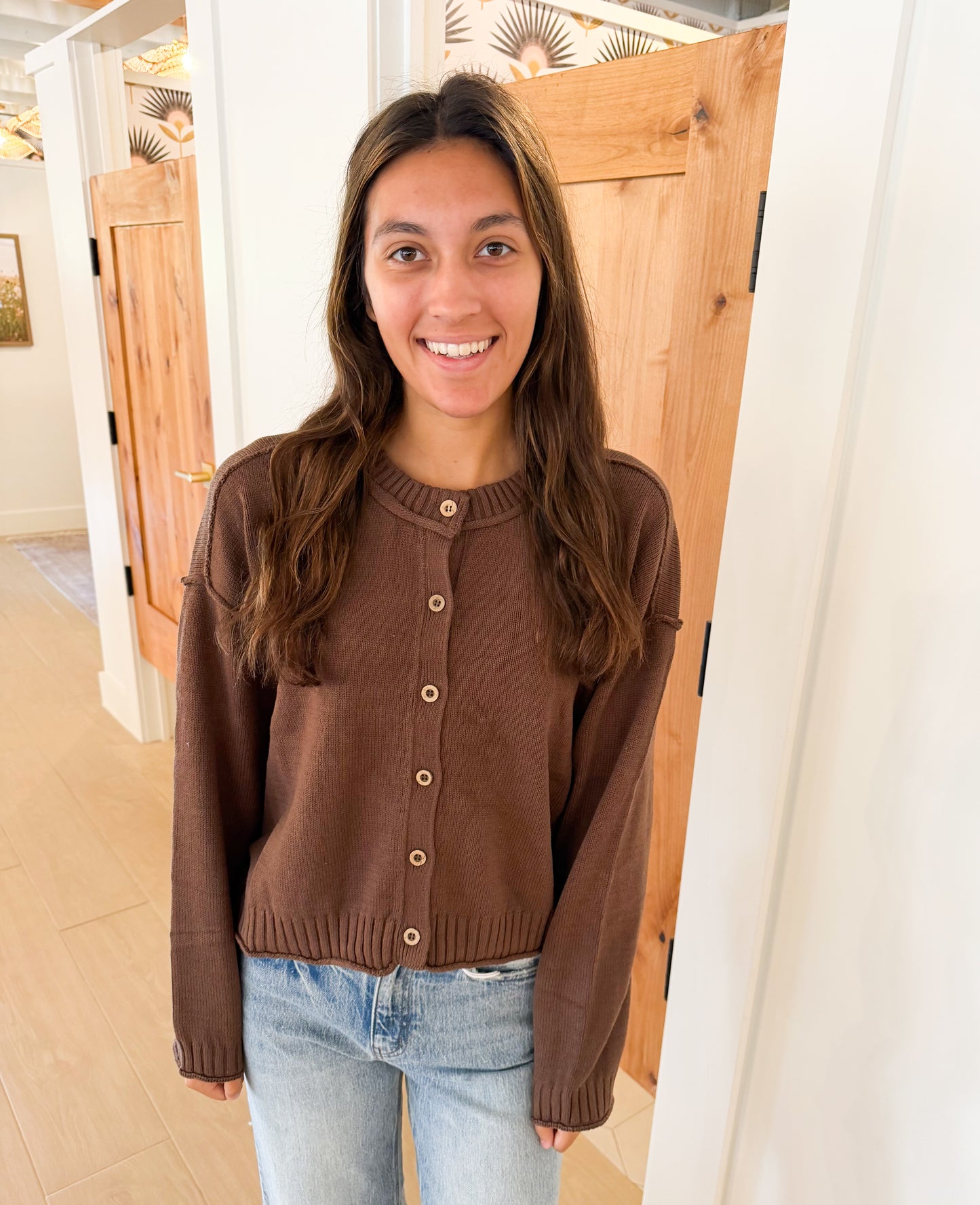 Raw Edge Seam Button Down Cardigan, Brown