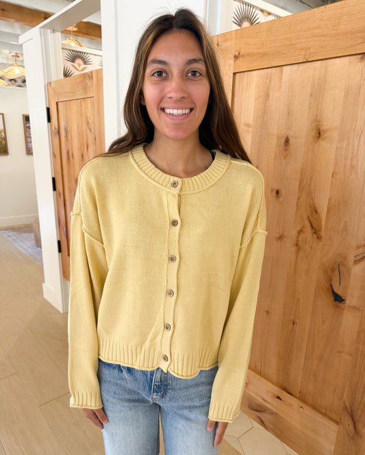 Raw Edge Seam Button Down Cardigan, Butter Yellow