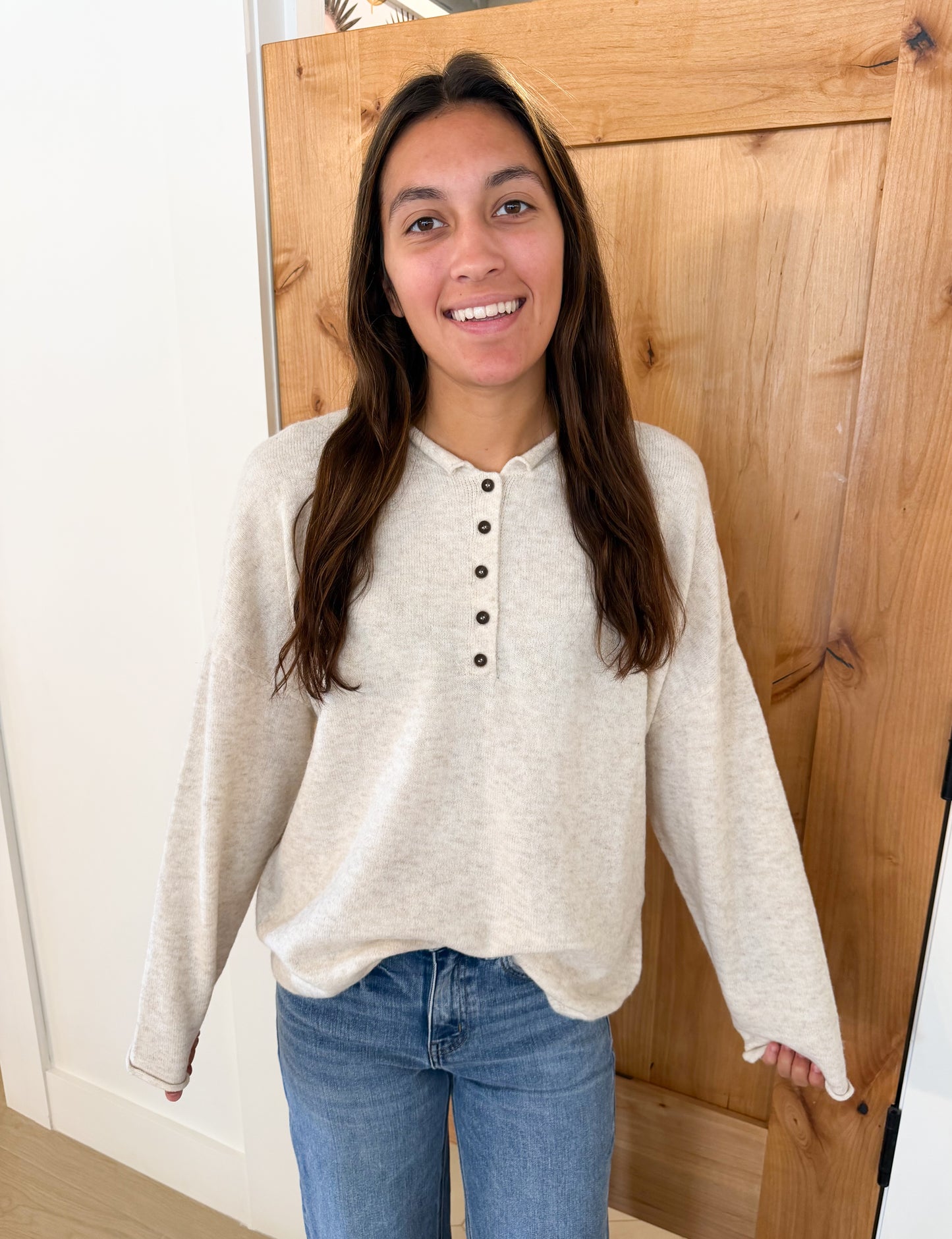Raw Rolled Edge Henley Relaxed Sweater, Oatmeal