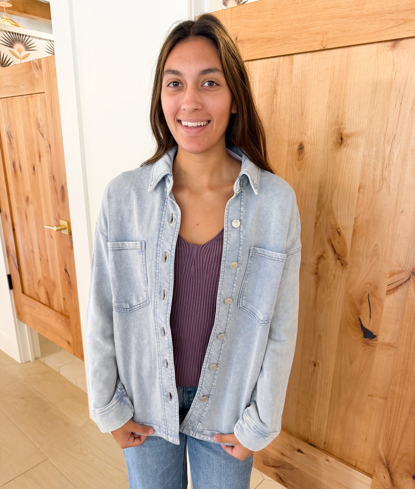 Acid Washed Collared Button Down Shacket