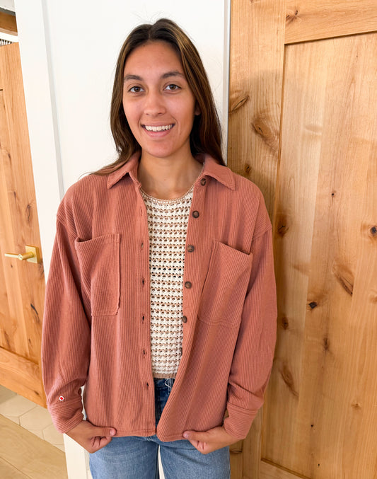 Rib Knit Exposed Seam Button Up, Terracotta