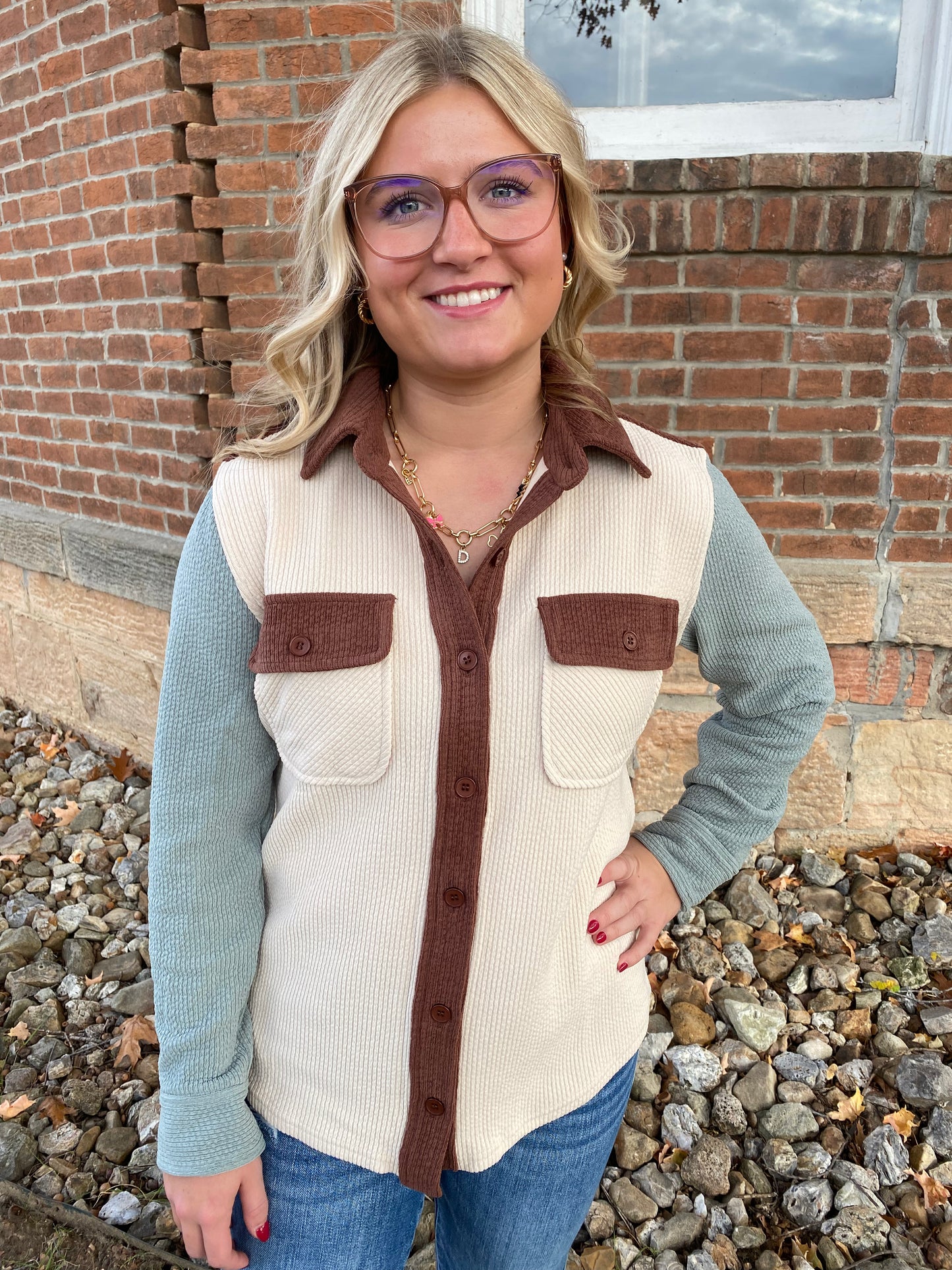 Color Blocked Knit Corduroy Shacket